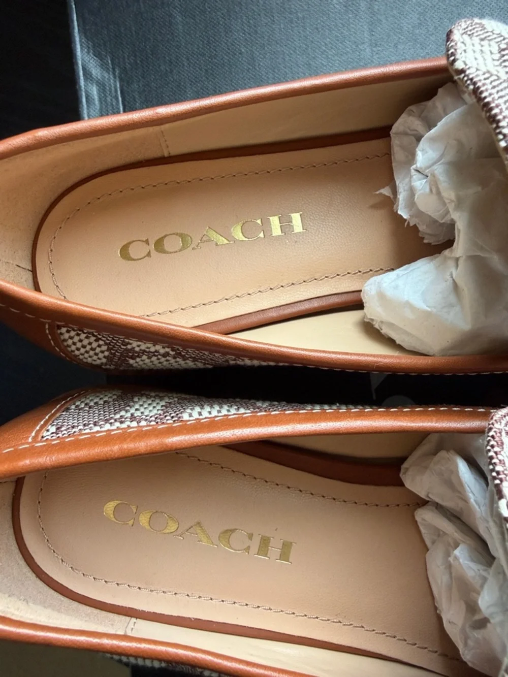 Coach Brown/Tan Signature Canvas Leather Loafers with Gold C Hardware - Picture 7 of 8